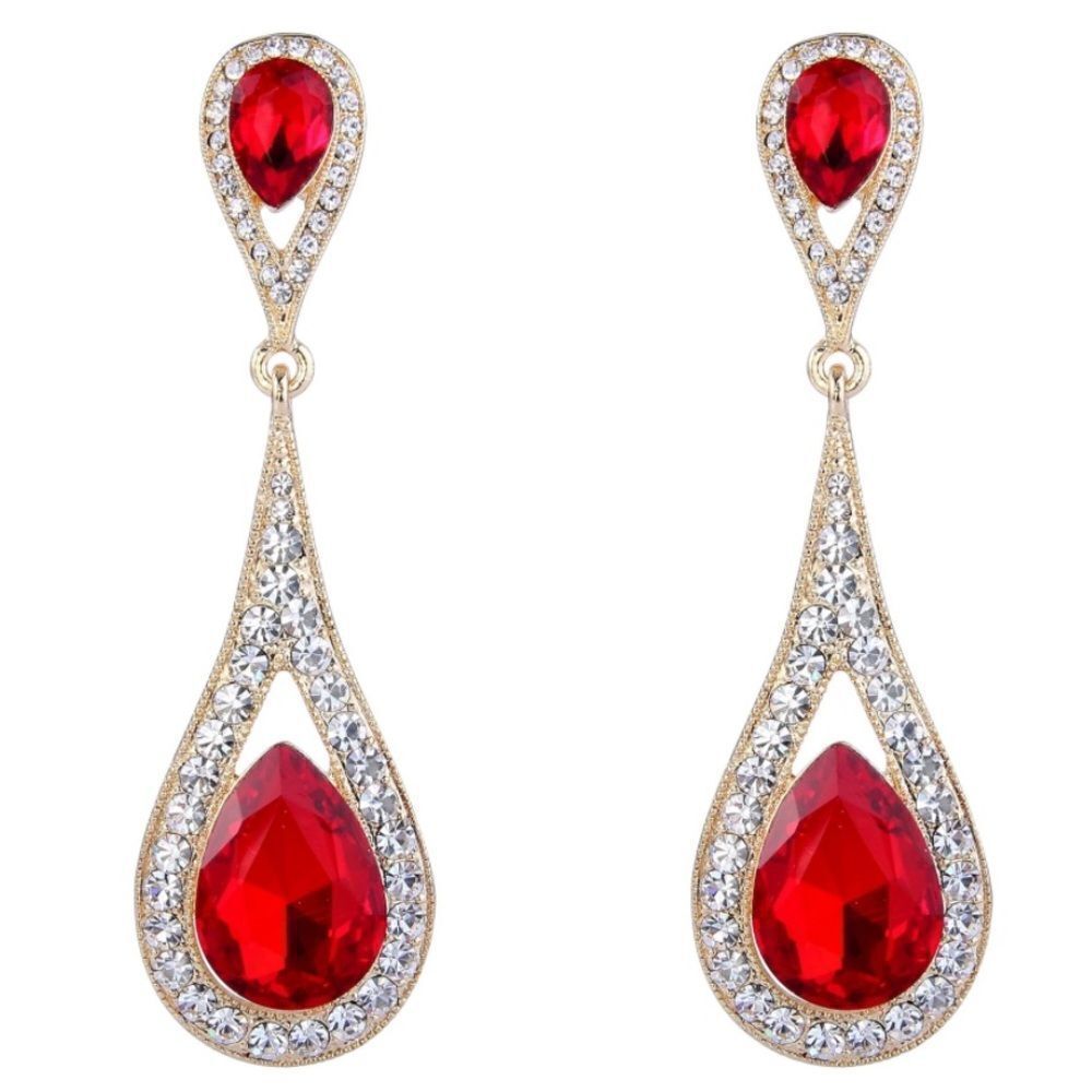 Yellow Gold with Ruby Red and Diamond Austrian Crystal Dual Teardrop Earrings